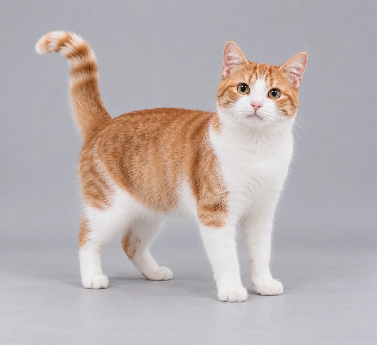 Orange-and-white cat standing on four paws in the input photo