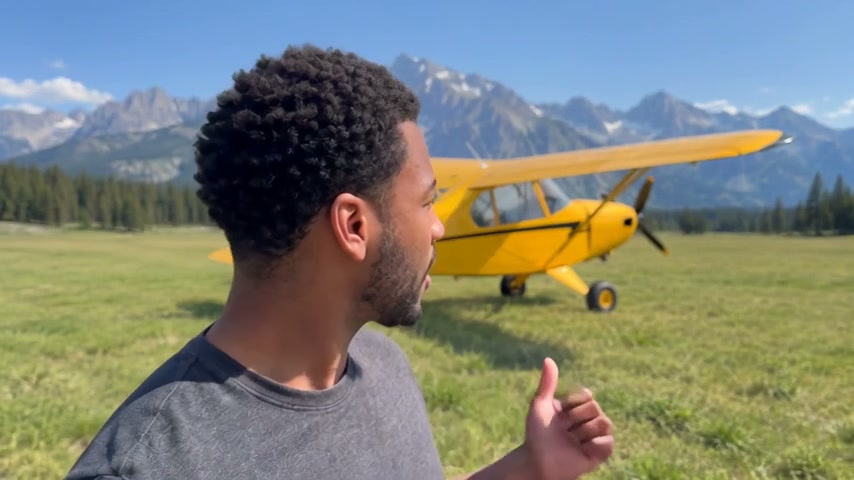 高山の牧草地で黄色い飛行機を指しているキャラクター